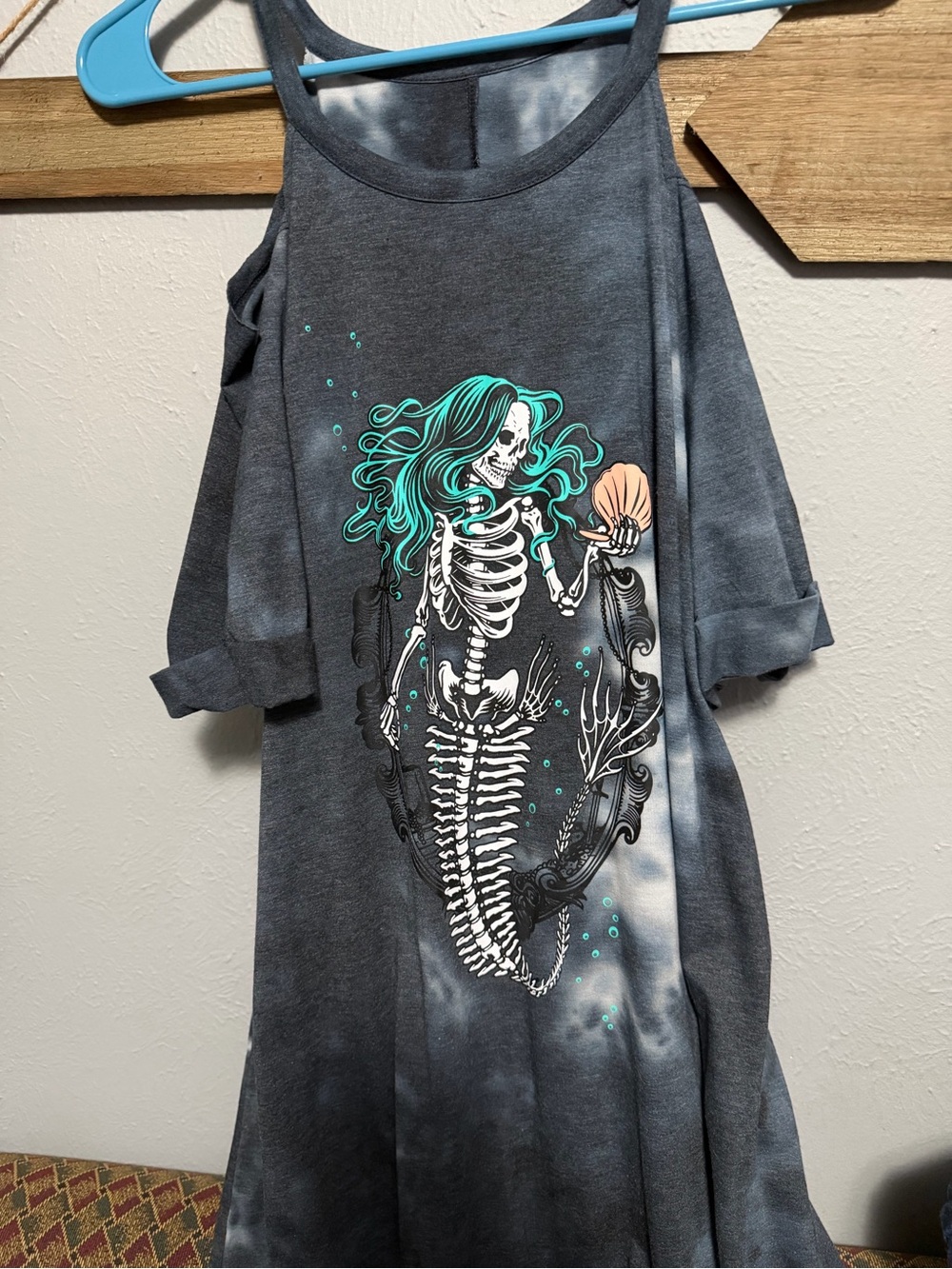 Women’s Grey Cold-Shoulder Dress with Teal Mermaid Skeleton Graphic